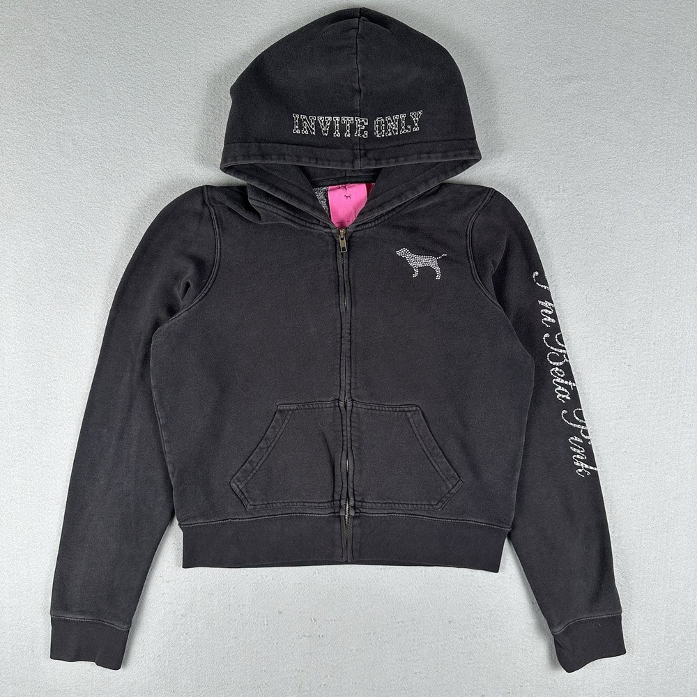 Vtg Y2K Victorias Secret Pink Hoodie Large Black Invite Only Sorority Bling Crop
